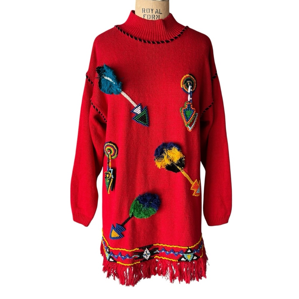 Vintage 80s Victoria Jones Red Fringe Sweater with Beaded Arrow Embellishments